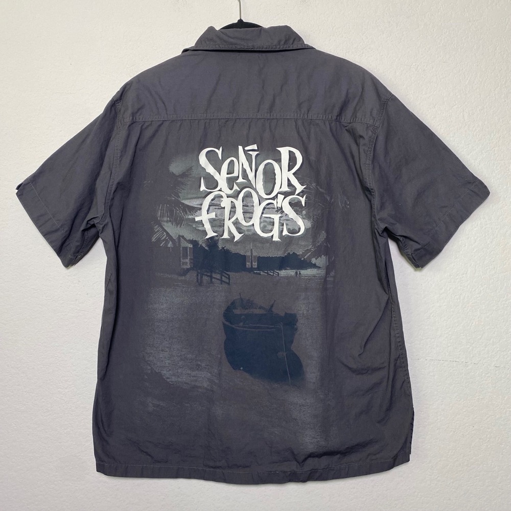 Senor Frogs Playa Del Carmen Mens XL Gray Cotton Button‎ Down Short Sleeve Shirt